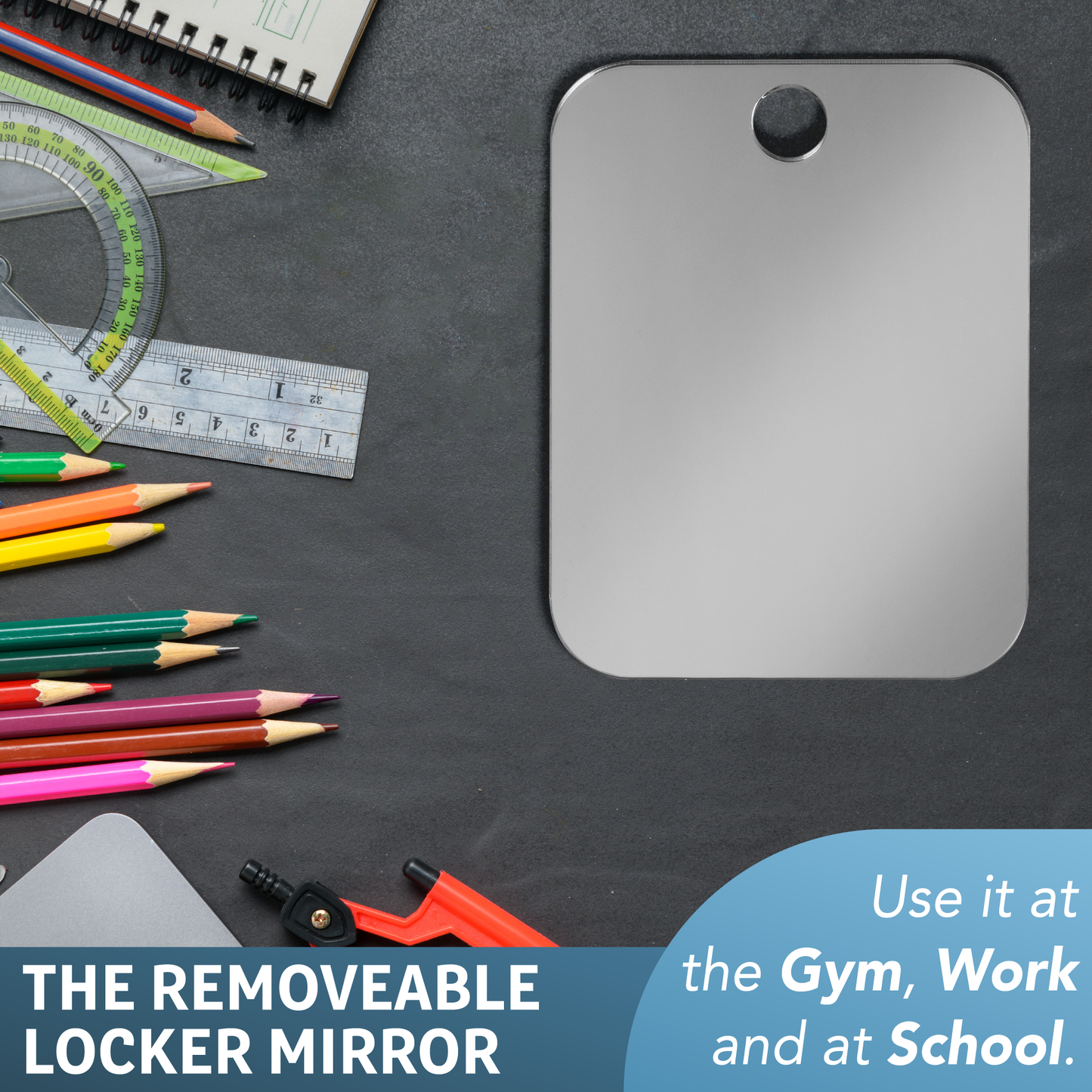 The Shave Well Company Locker Mirror for School, Office, Work with Adhesive Hanging Hook